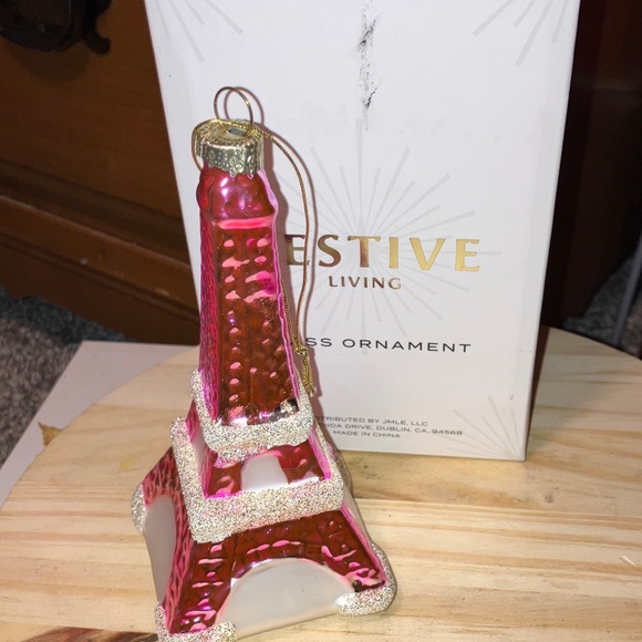 Festive Living Other - Hand Blown Glass Pink & Silver Eiffel Tower Ornament 5” New